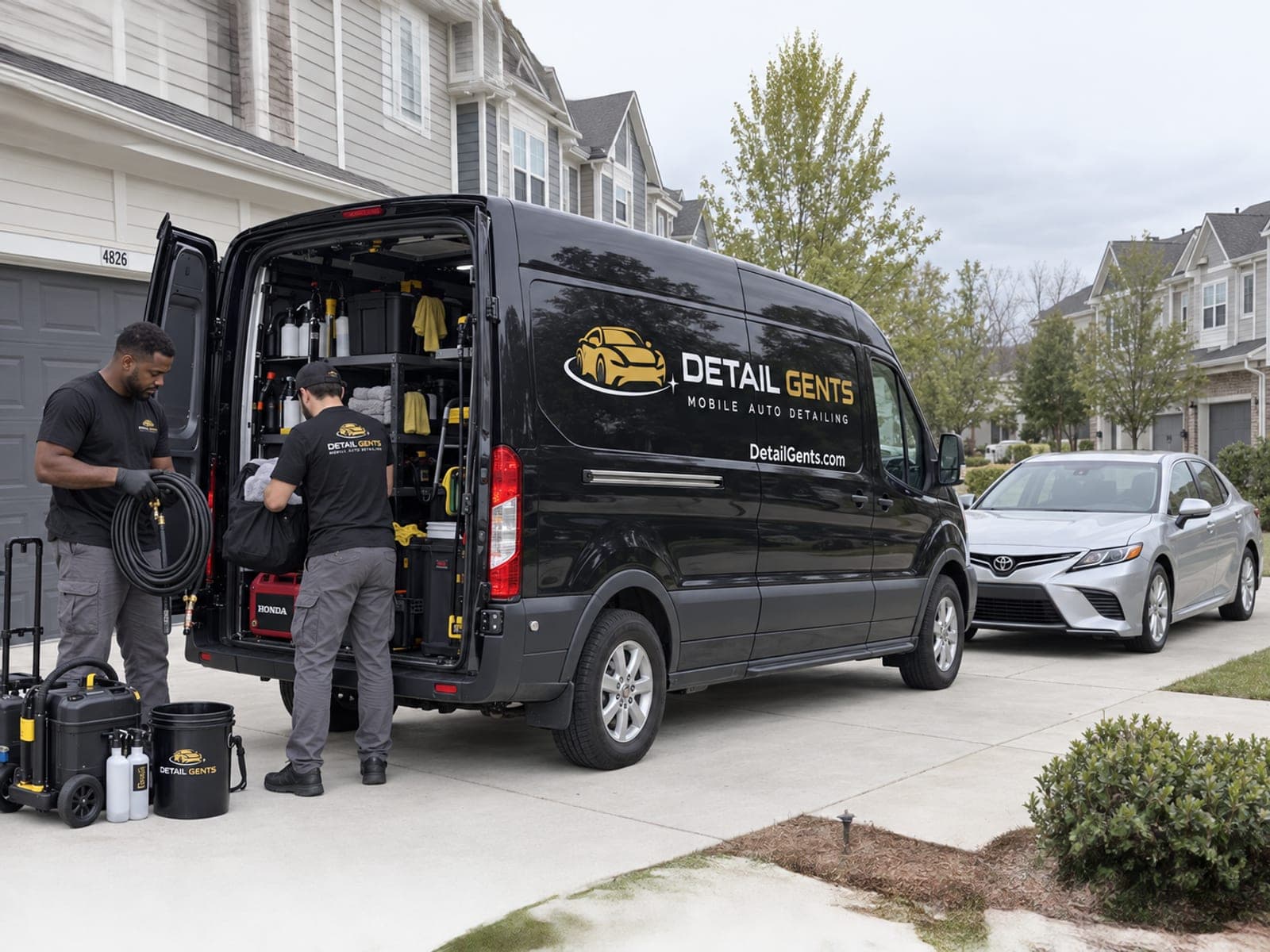 Two Detail Gents detailers unloading a hose reel and an extractor from a branded van on a suburban driveway