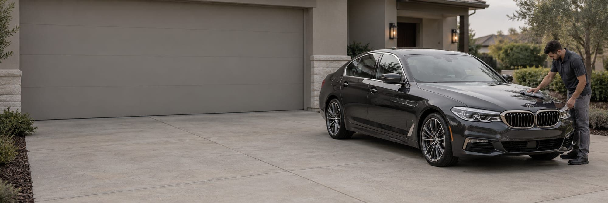A detailer finishing a dark sedan on a home driveway