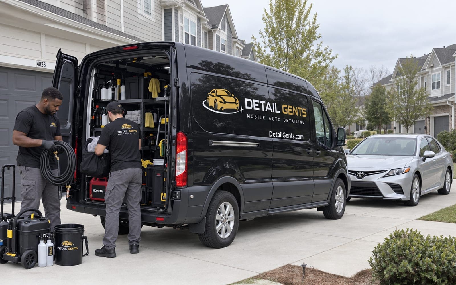 Two Detail Gents detailers unloading equipment from a branded van on a residential driveway