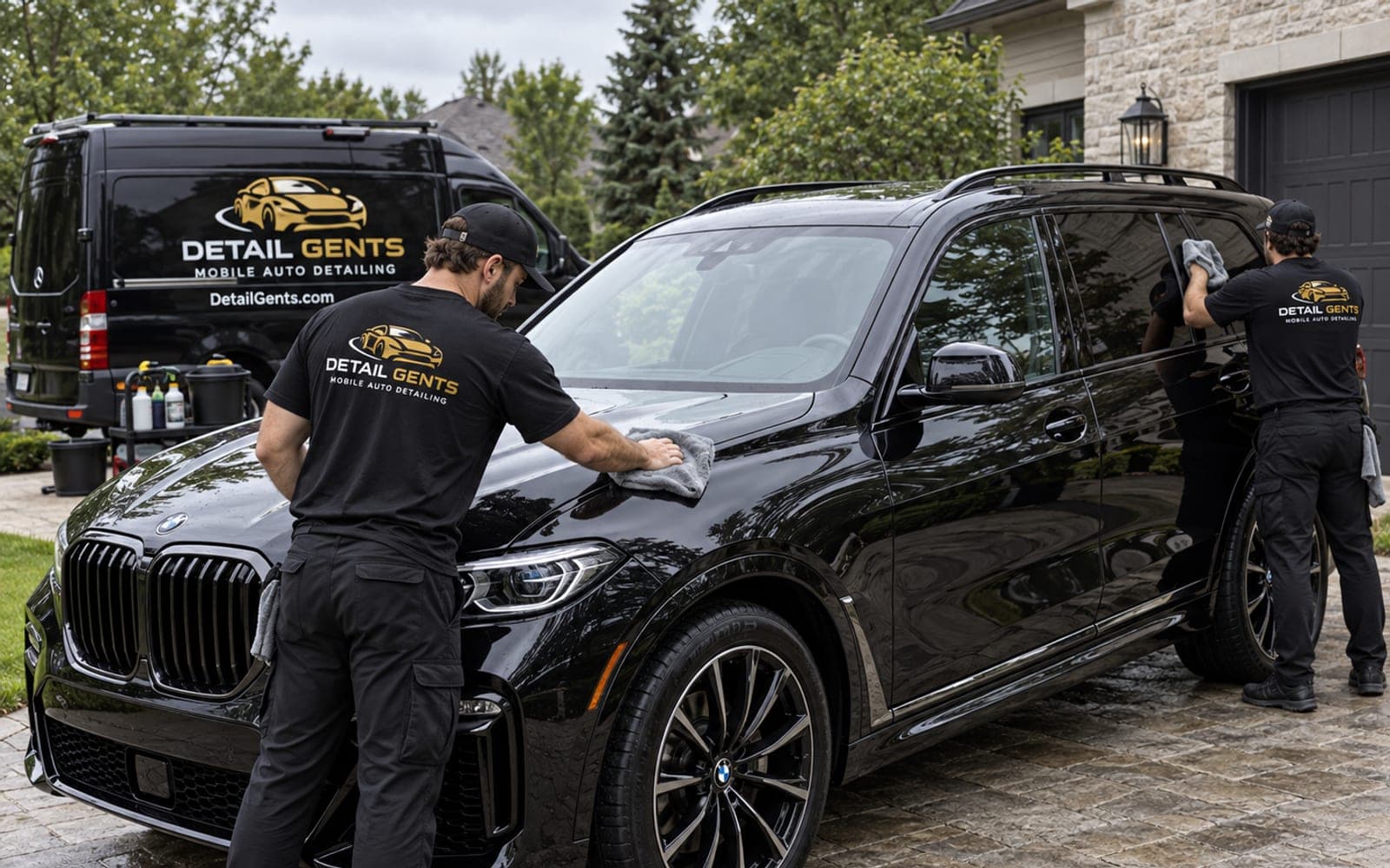A car hand dried on a stone driveway after a complete detail