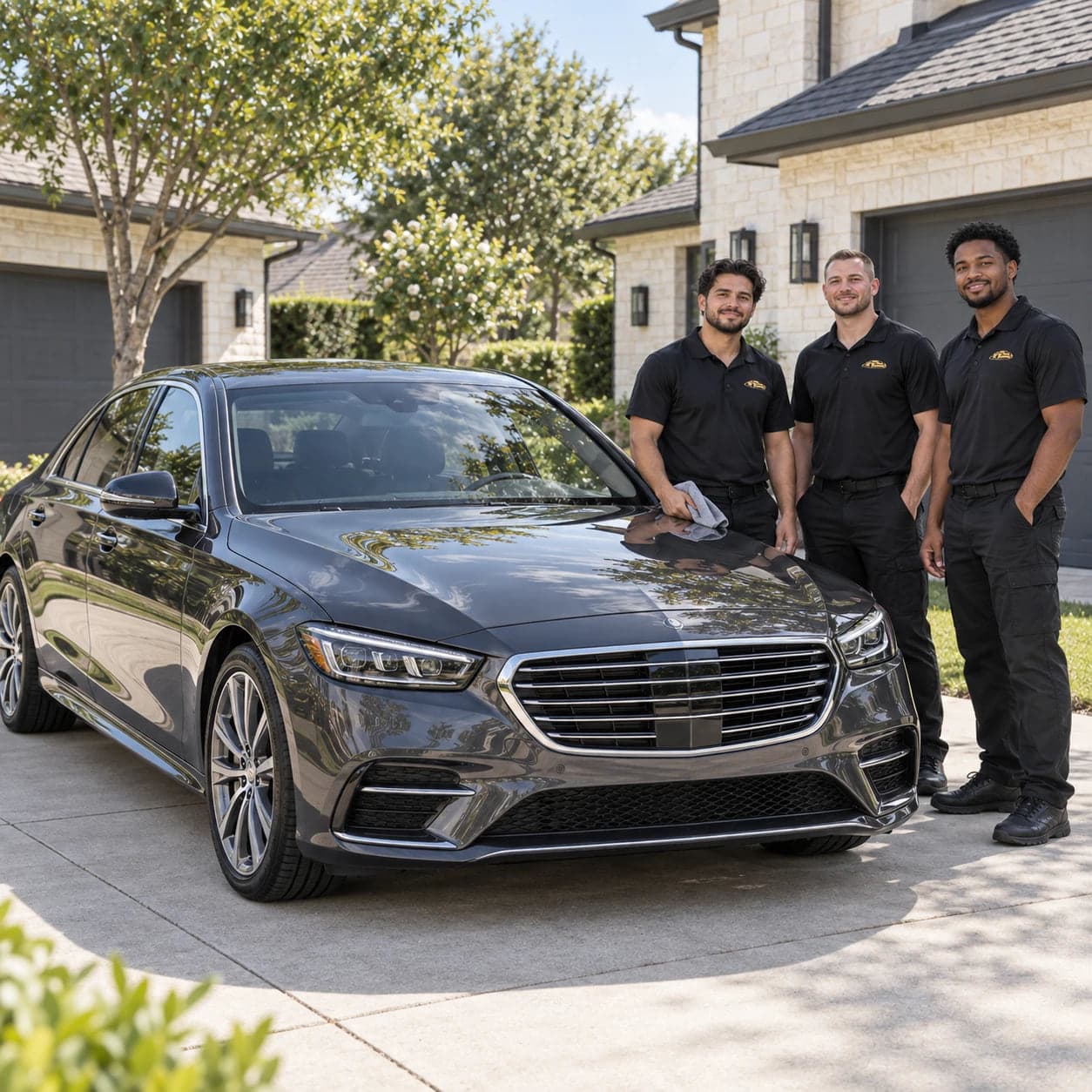 Three Detail Gents detailers beside a graphite Mercedes-Benz sedan they have just finished on a home driveway