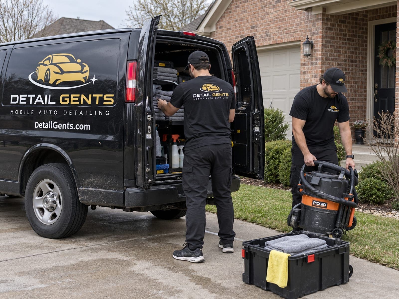 A branded Detail Gents van on a residential driveway with its rear doors open