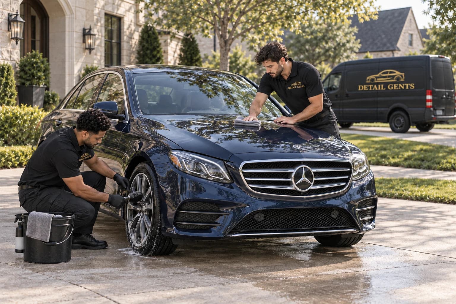 A dark blue Mercedes-Benz sedan being washed and dried on a home driveway