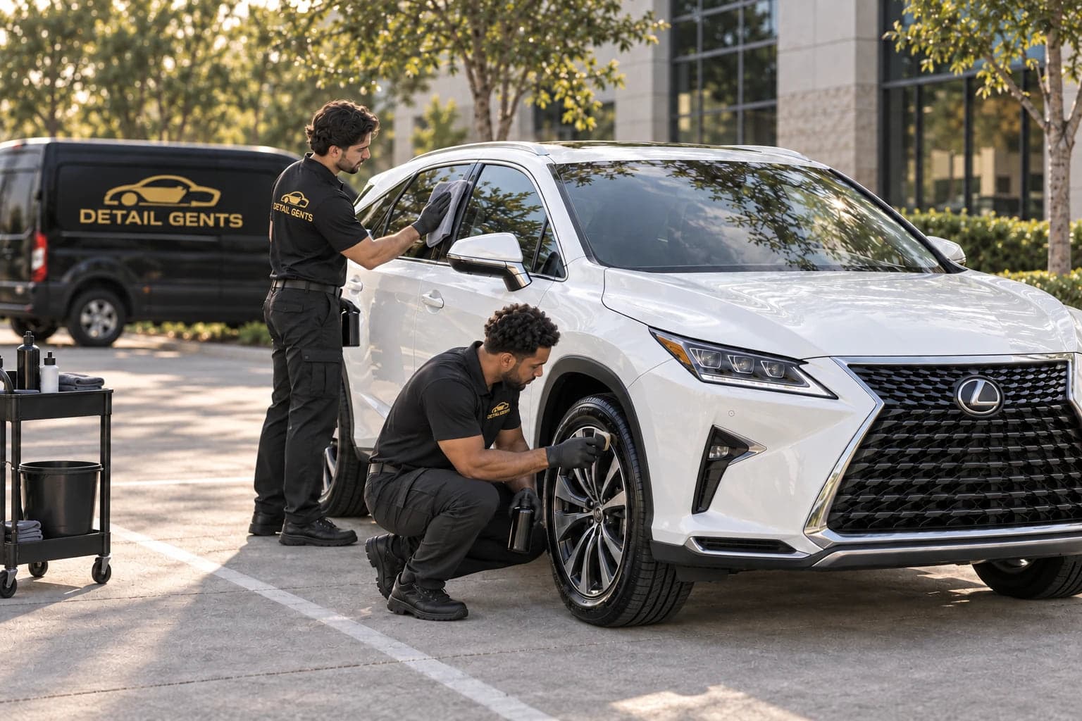 Two Detail Gents detailers cleaning the glass and wheels of a white Lexus RX in an office park