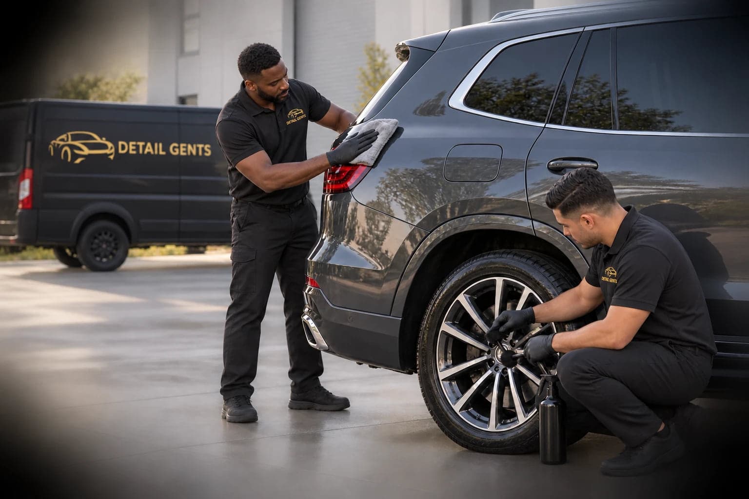 Two Detail Gents detailers finishing the rear and the wheels of a dark gray SUV beside a branded van