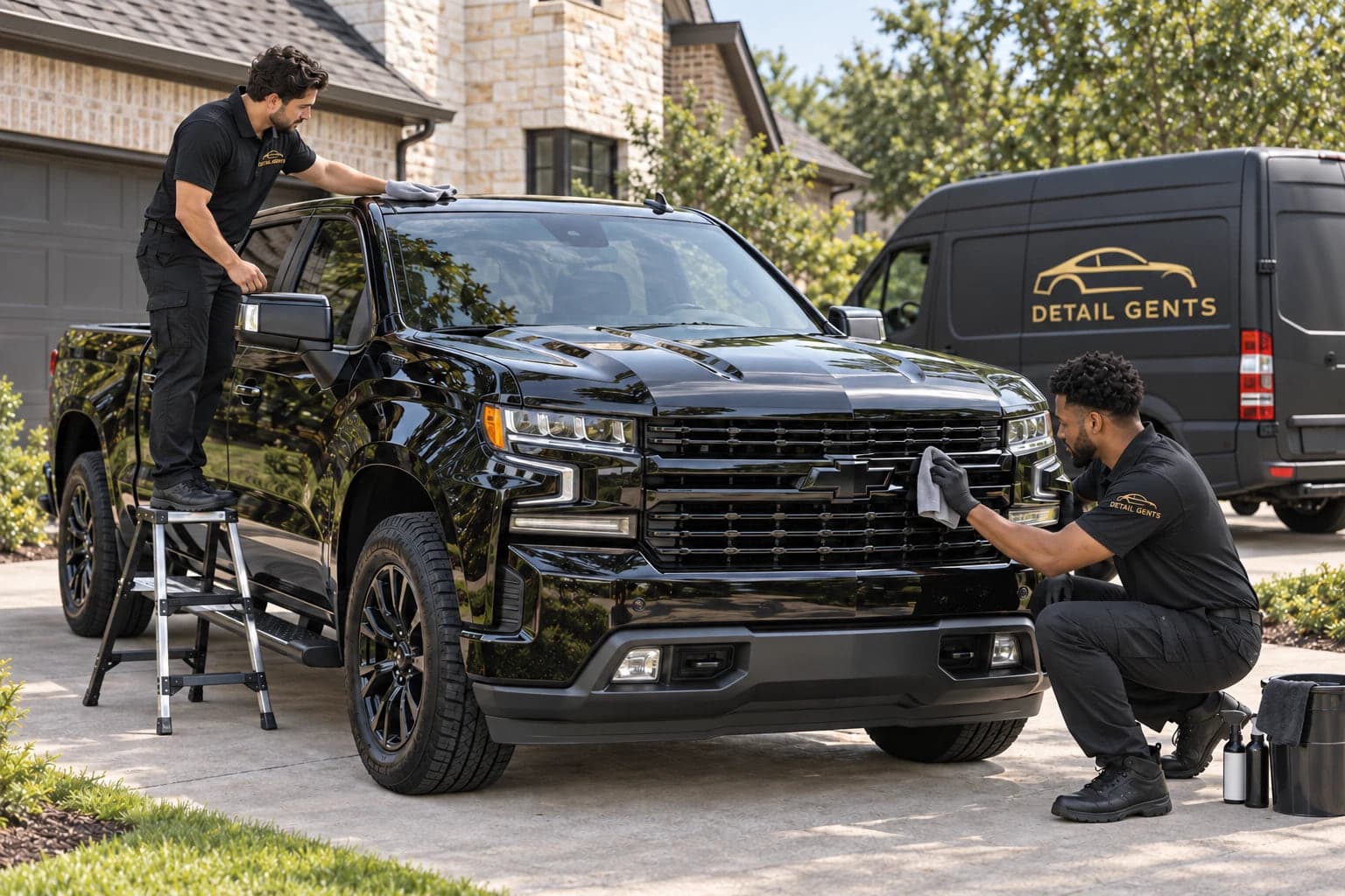 Two Detail Gents detailers finishing a black Chevrolet Silverado on a home driveway