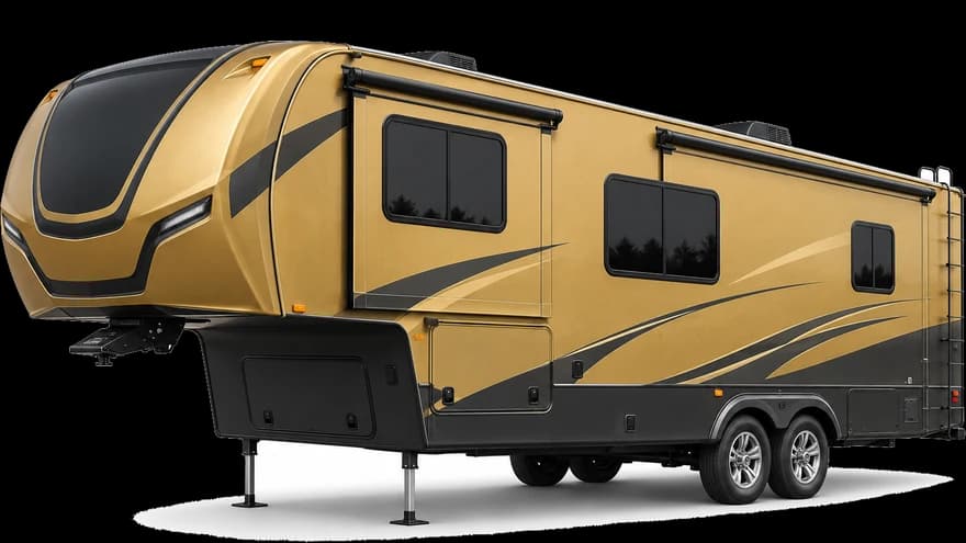 A gold fifth-wheel travel trailer with a gooseneck hitch, side view