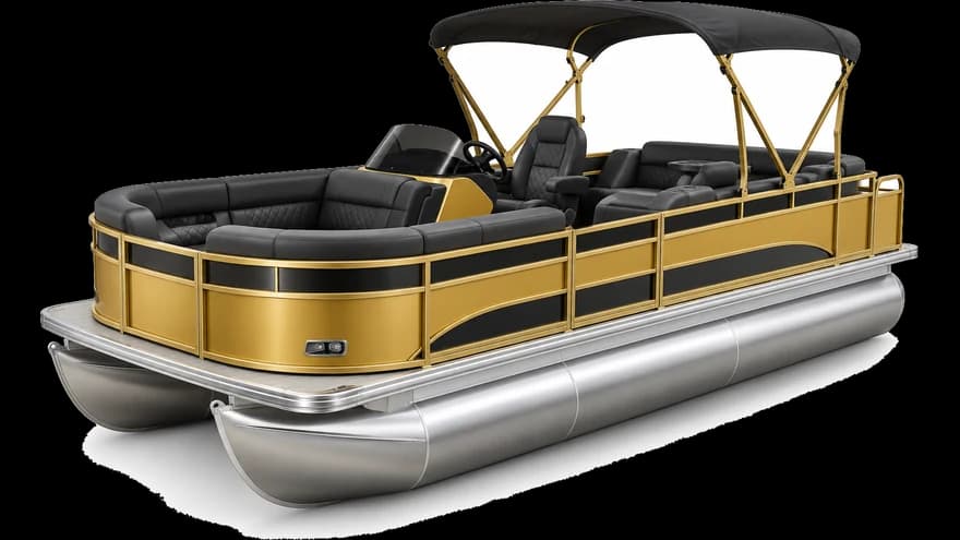 A gold pontoon boat with a canopy and silver tubes