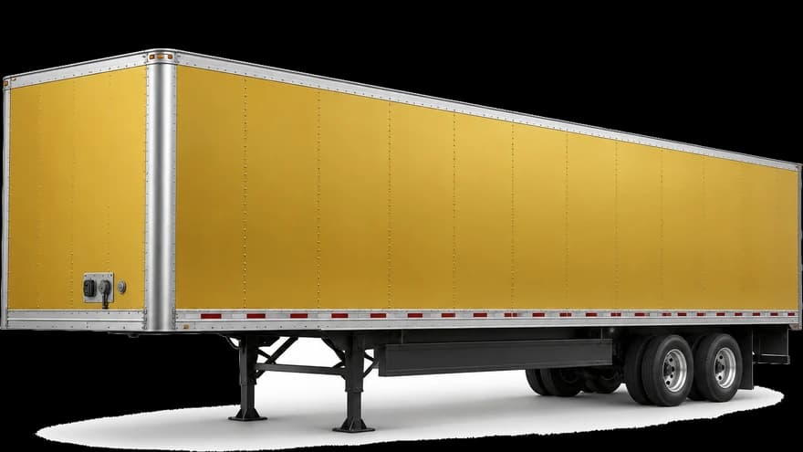 A gold dry-van semi trailer, side view