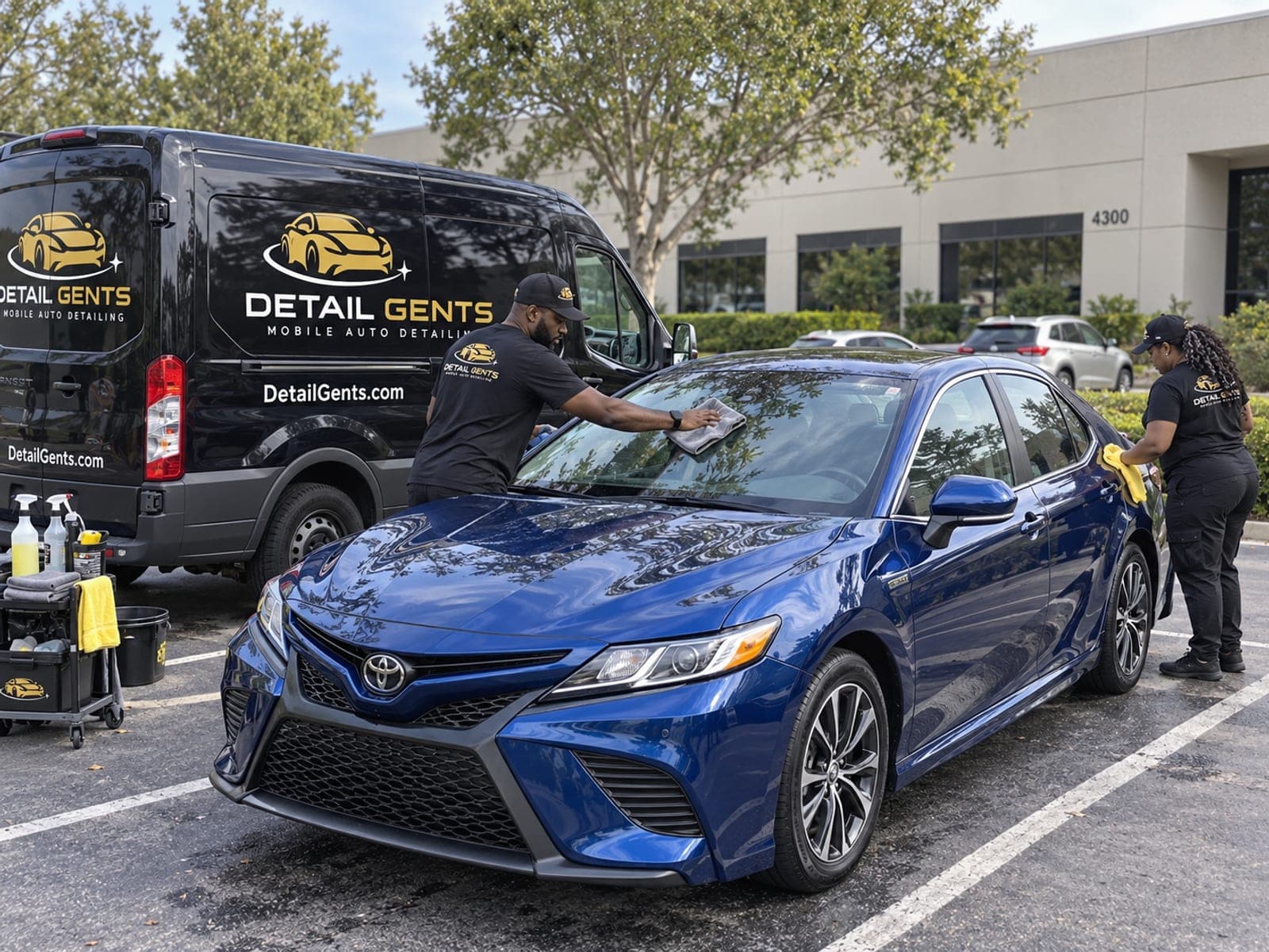 Two Detail Gents detailers in branded uniforms standing beside a blue sedan they have just finished drying