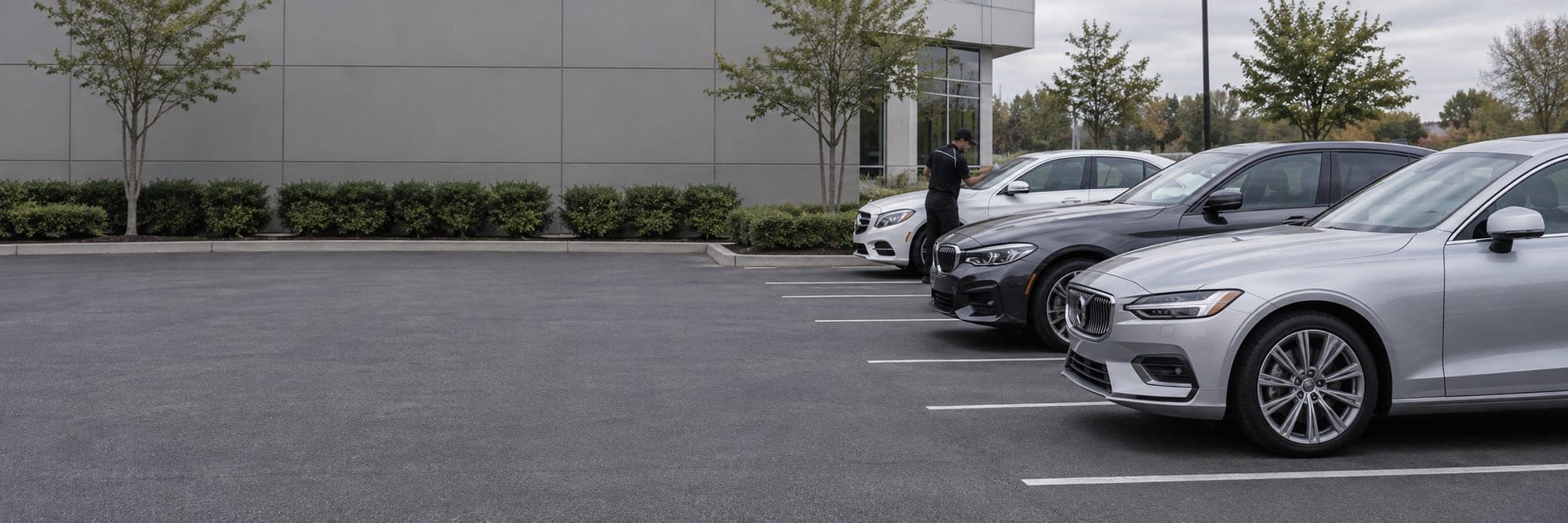 A detailer working along a line of cars parked outside an office building
