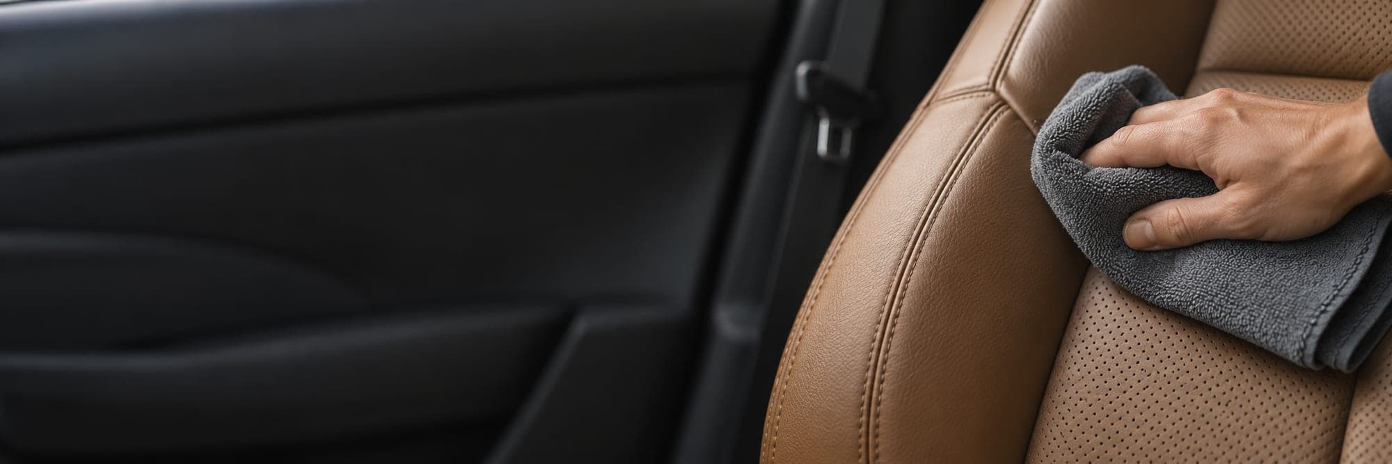 A tan leather seat being wiped down with a microfiber towel