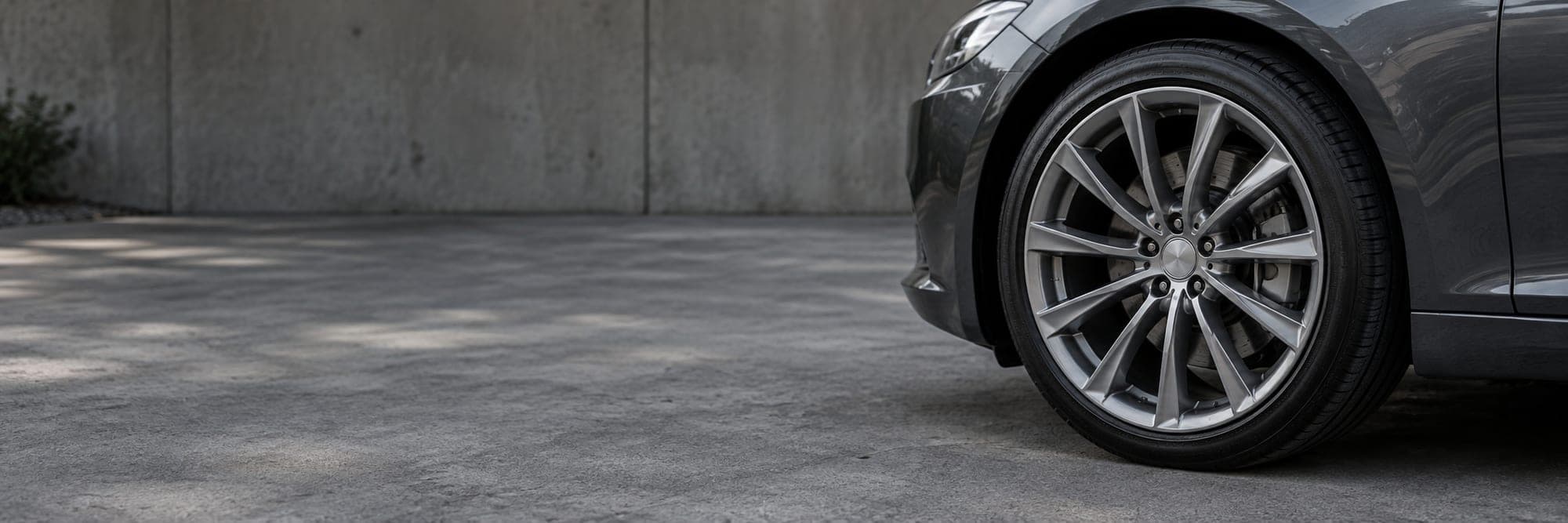 A polished alloy wheel and tire on a clean concrete forecourt