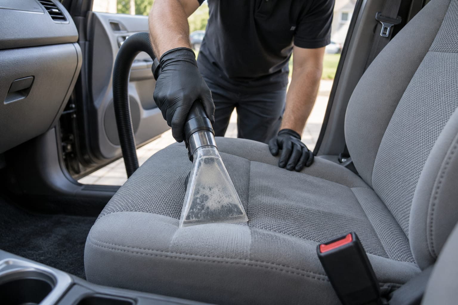An illustration of a carpet extractor lifting soil out of a vehicle footwell