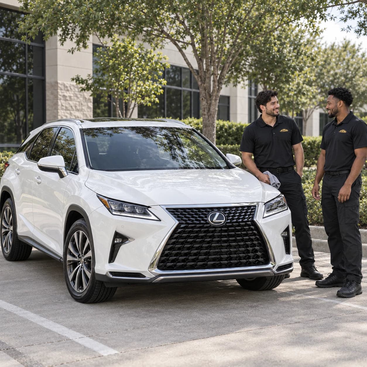 Two Detail Gents detailers beside a white Lexus RX finished with no spotting on the paint